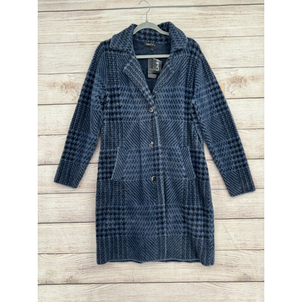 APNY Coat Womens Medium‎ Blue Black Plaid Button Front Long Warm Soft Pockets